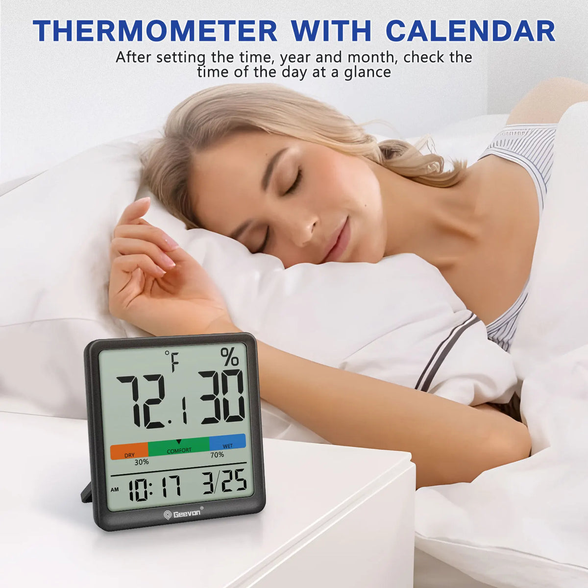 Geevon Digital Indoor Thermometer Hygrometer With Clock And Humidity Monitor