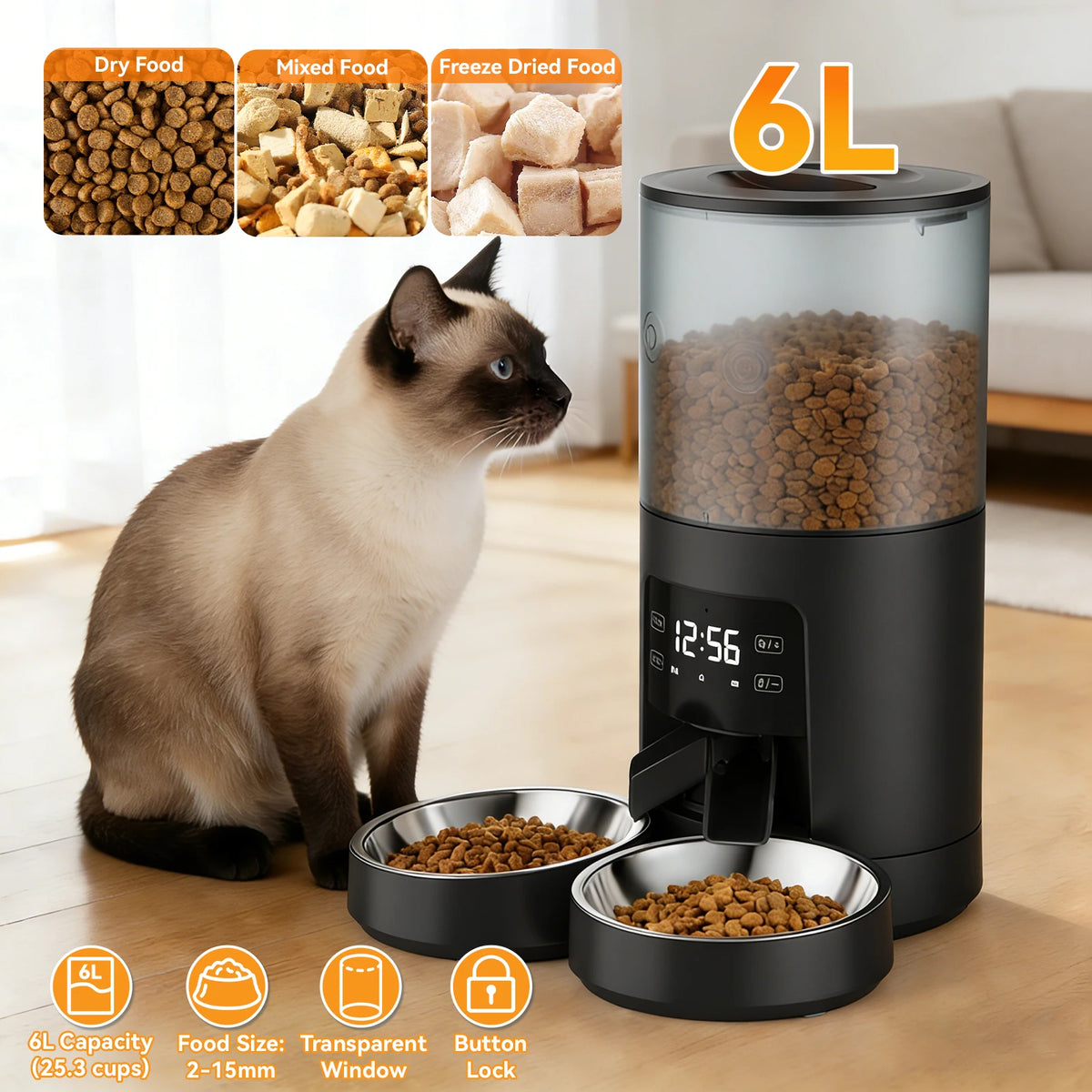 Automatic Cat Feeder With Stainless Bowls Timed Dual Power Supply