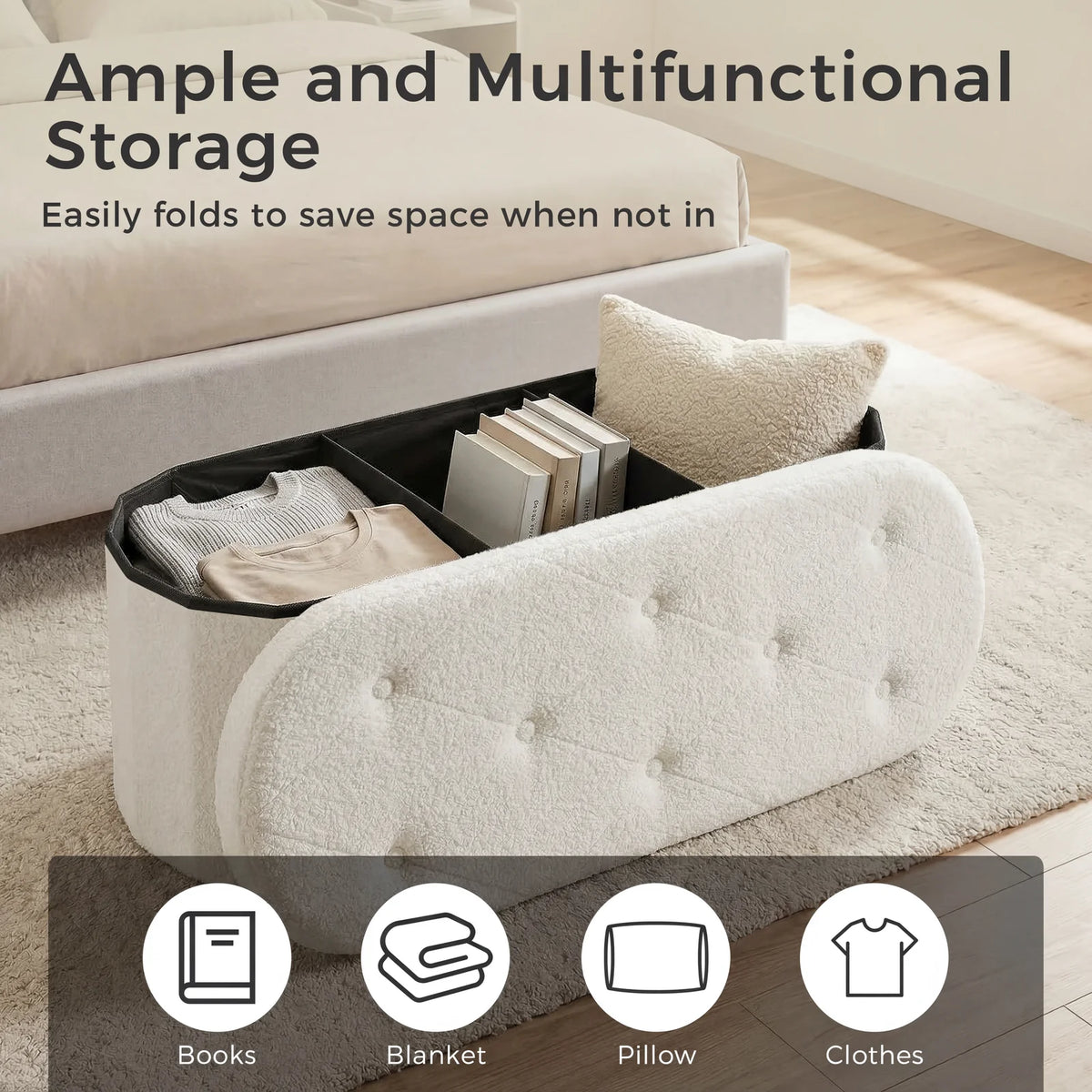 MCQ Faux Fur Storage Ottoman Footrest Stool for Bedroom