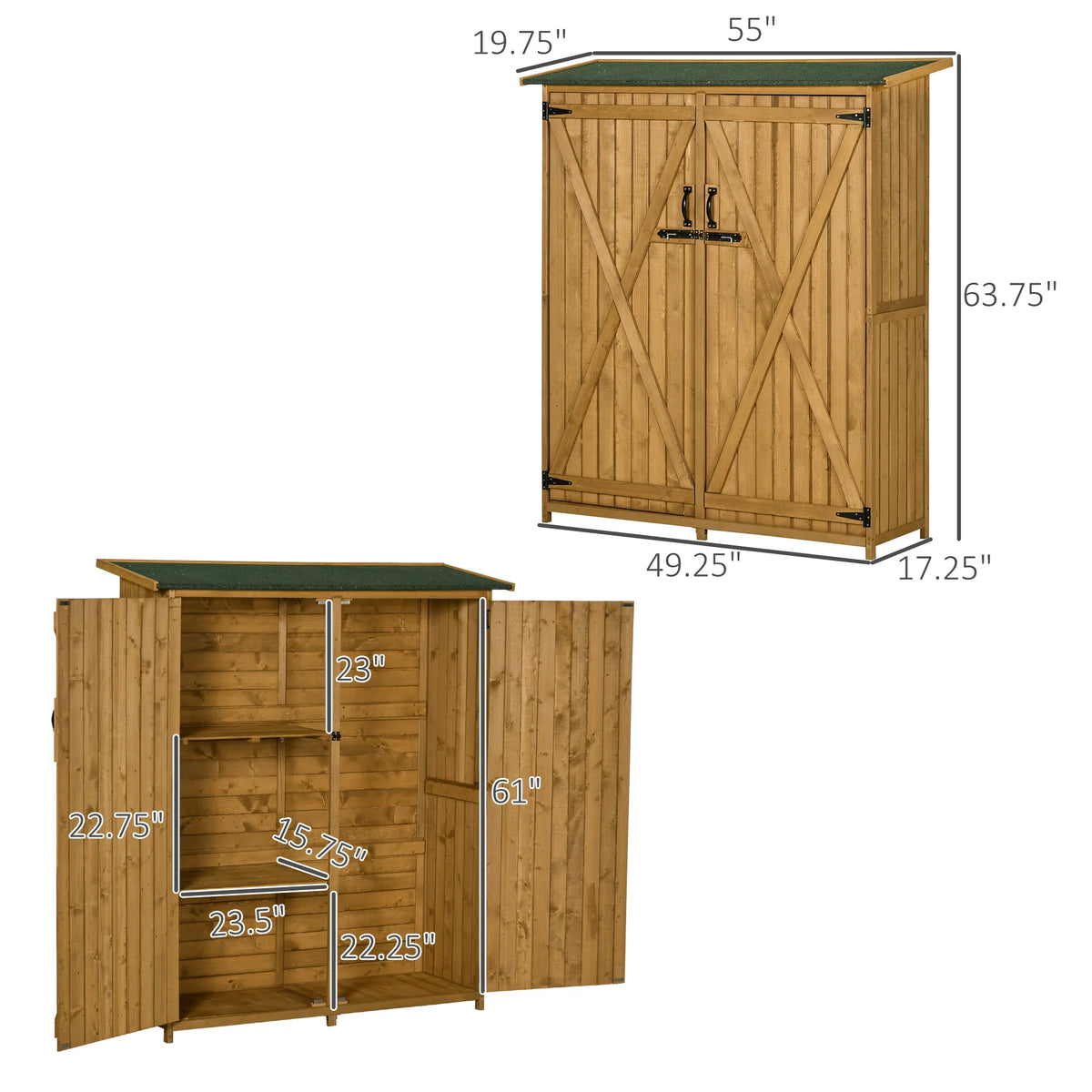 Outsunny Waterproof Wooden Garden Shed With Shelves And Asphalt Roof