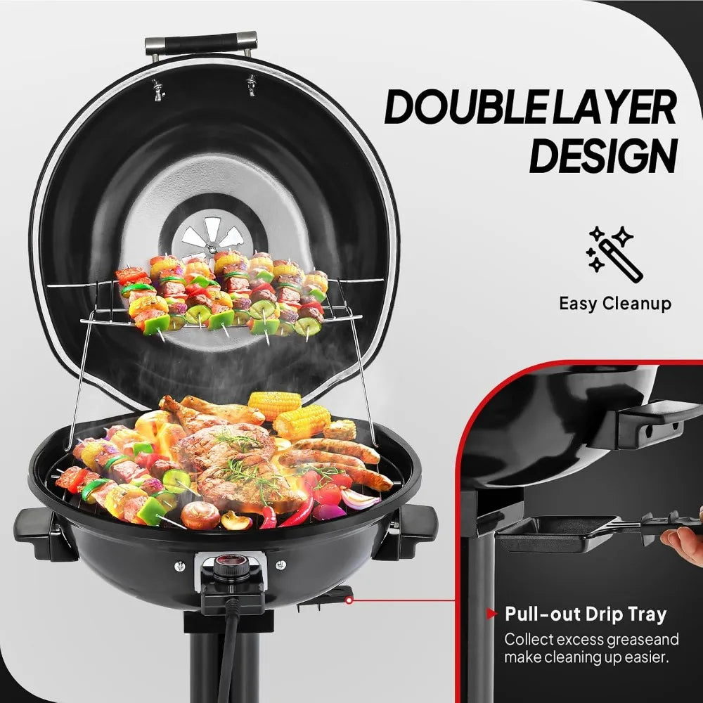 1600W Vertical Electric Grill With Lid And Removable Drip Tray