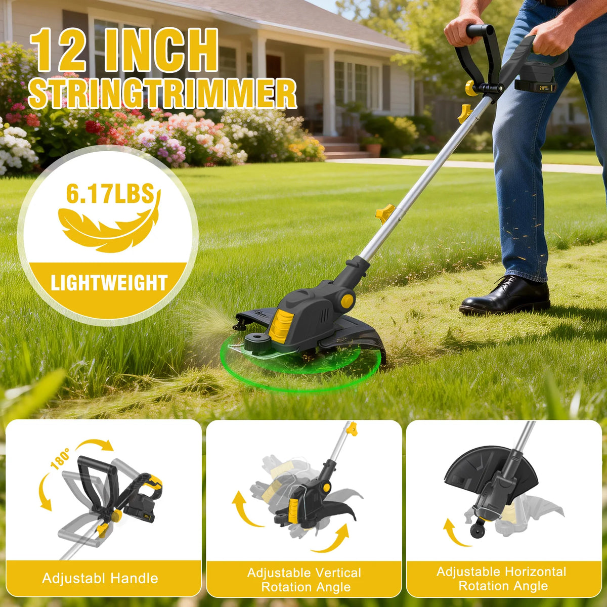 Cordless 3-in-1 String Trimmer and Lawn Edger with Battery Charger