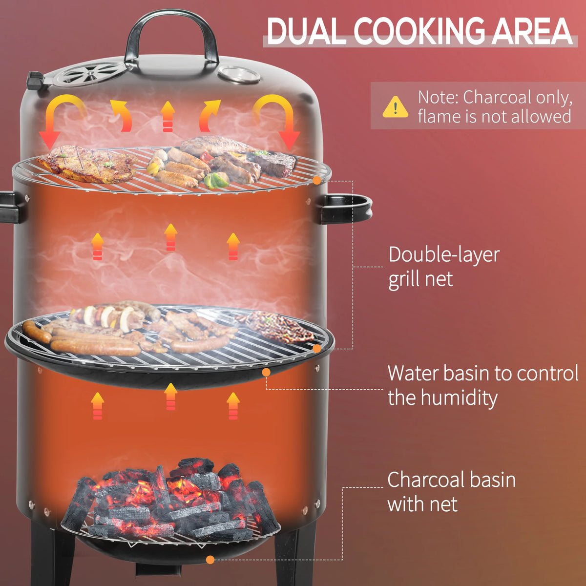 Outsunny 3-in-1 Outdoor Charcoal Barbecue Smoker Grill With Thermometer