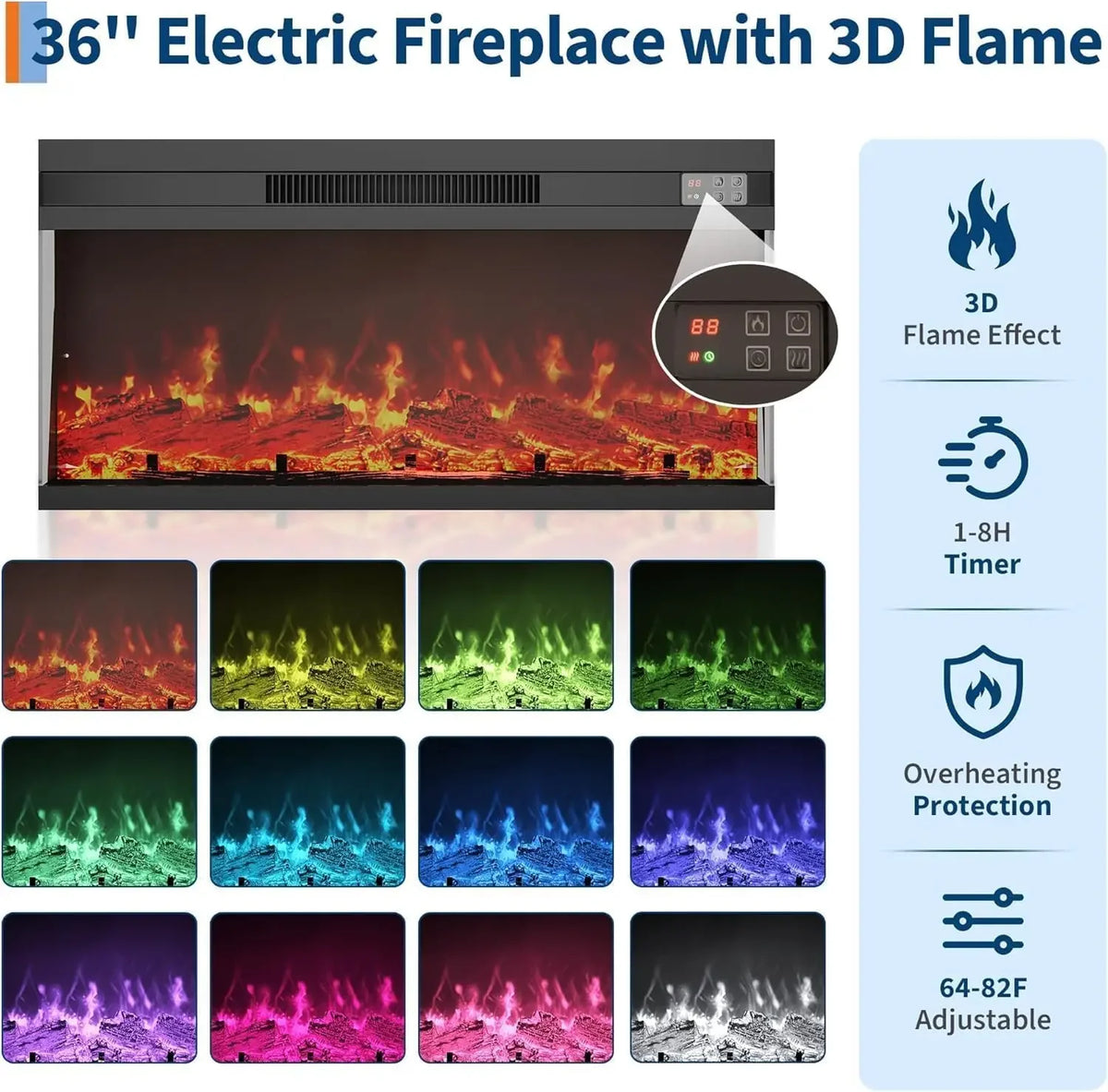 3D Electric Fireplace Heater With Mist Flame And Crackling Sound