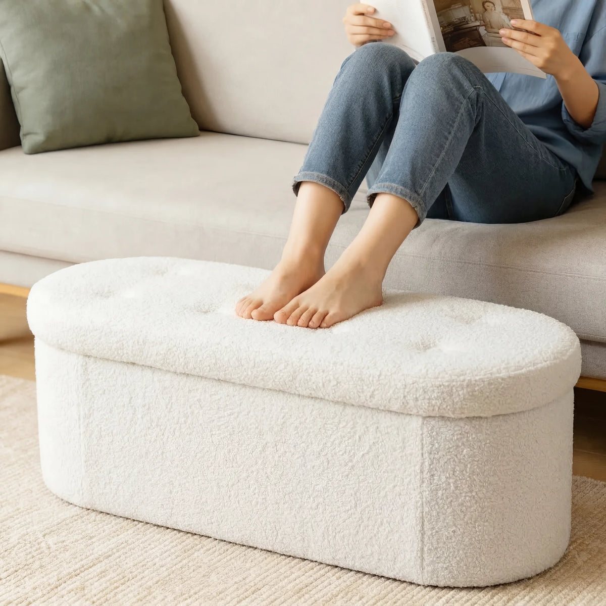 MCQ Faux Fur Storage Ottoman Footrest Stool for Bedroom