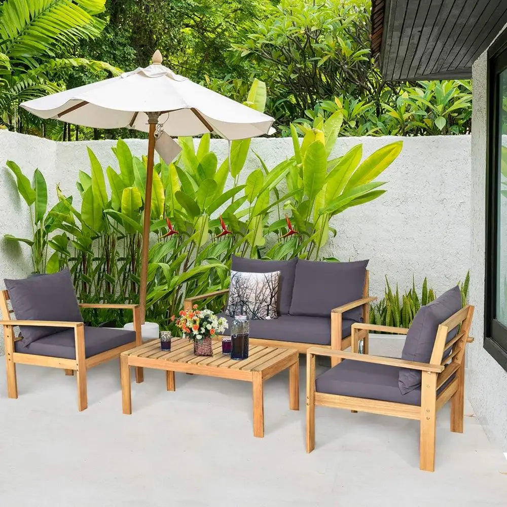 Outdoor Acacia Wood Sofa Set With Table And Cushions