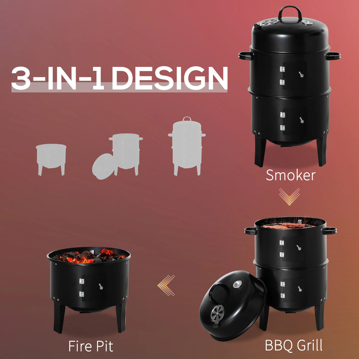 Outsunny 3-in-1 Outdoor Charcoal Barbecue Smoker Grill With Thermometer
