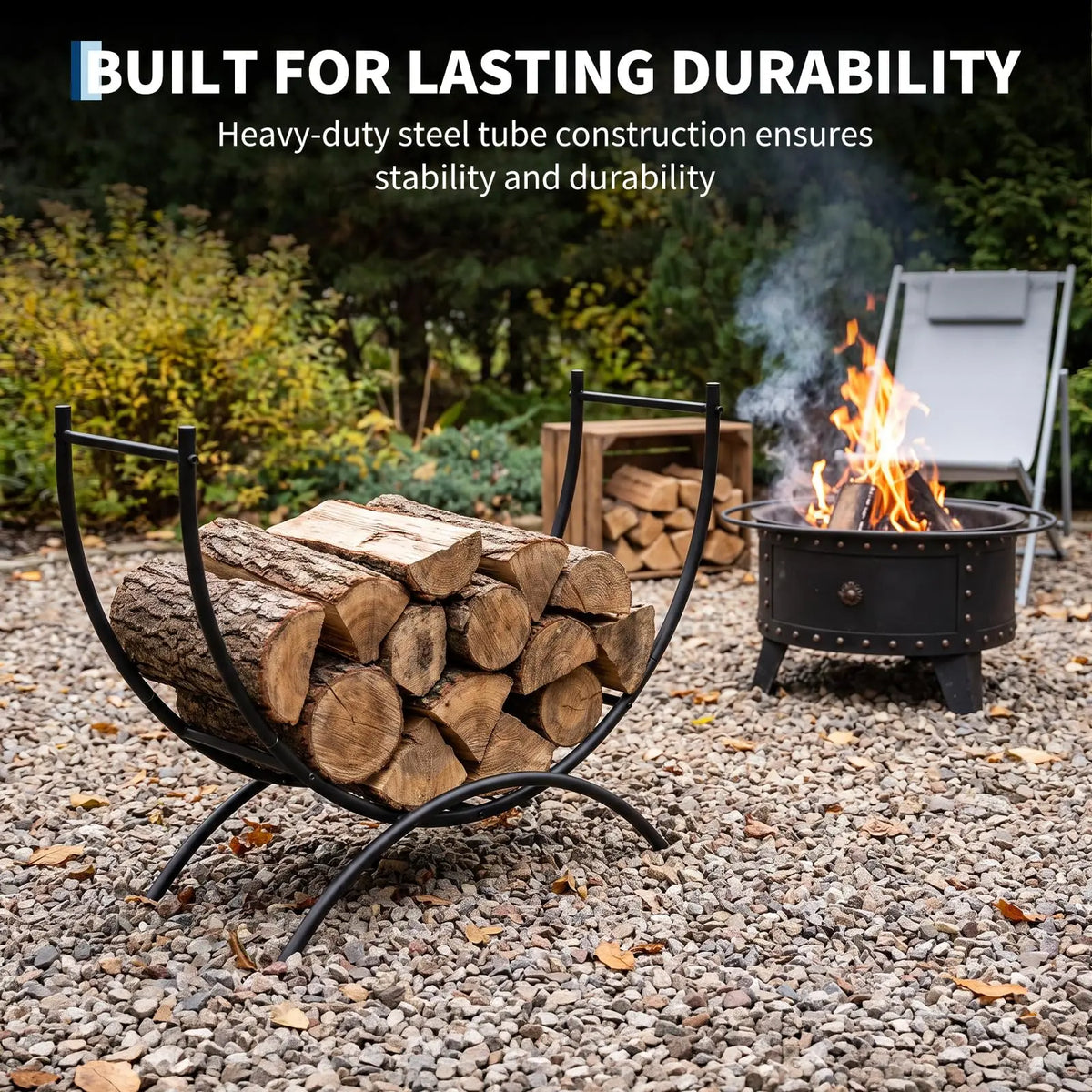 HiMISS Curved Steel Firewood Rack for Indoor Outdoor Fireplace Storage