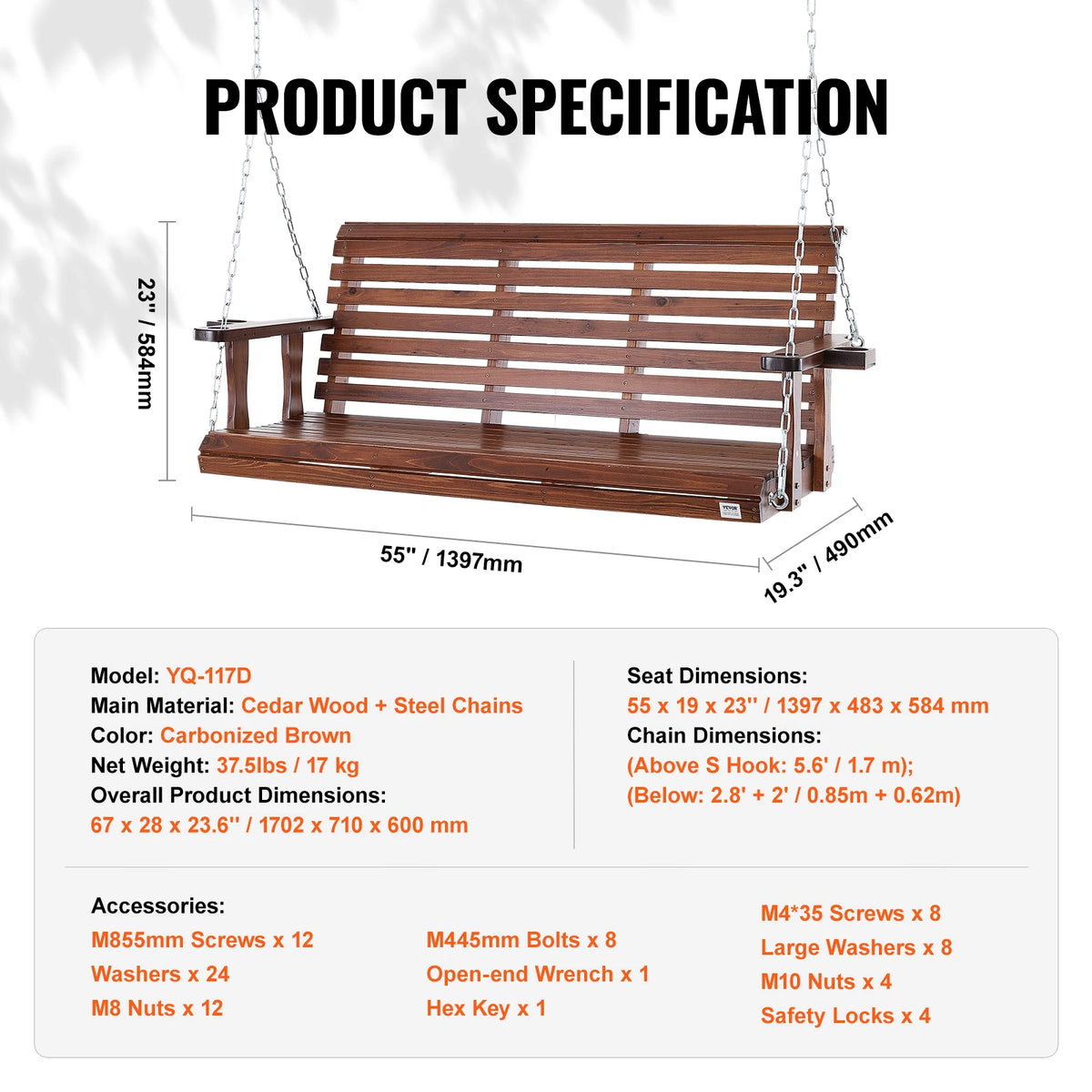 SucceBuy Cedar Wood Porch Swing Bench with Steel Chains