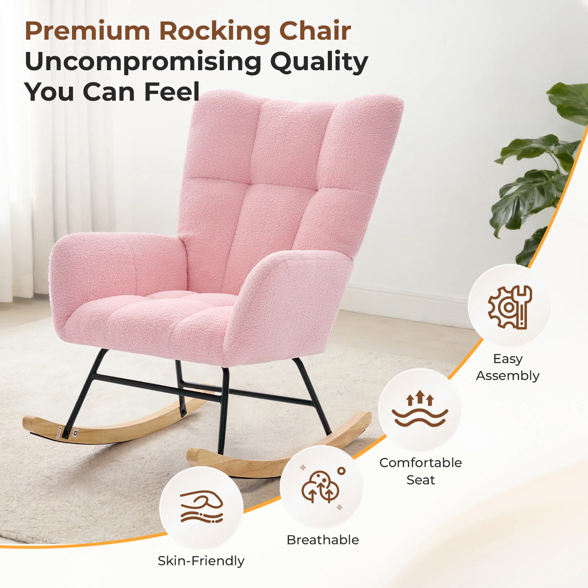 JHK Teddy Upholstered Saucer Rocking Chair with Metal Frame