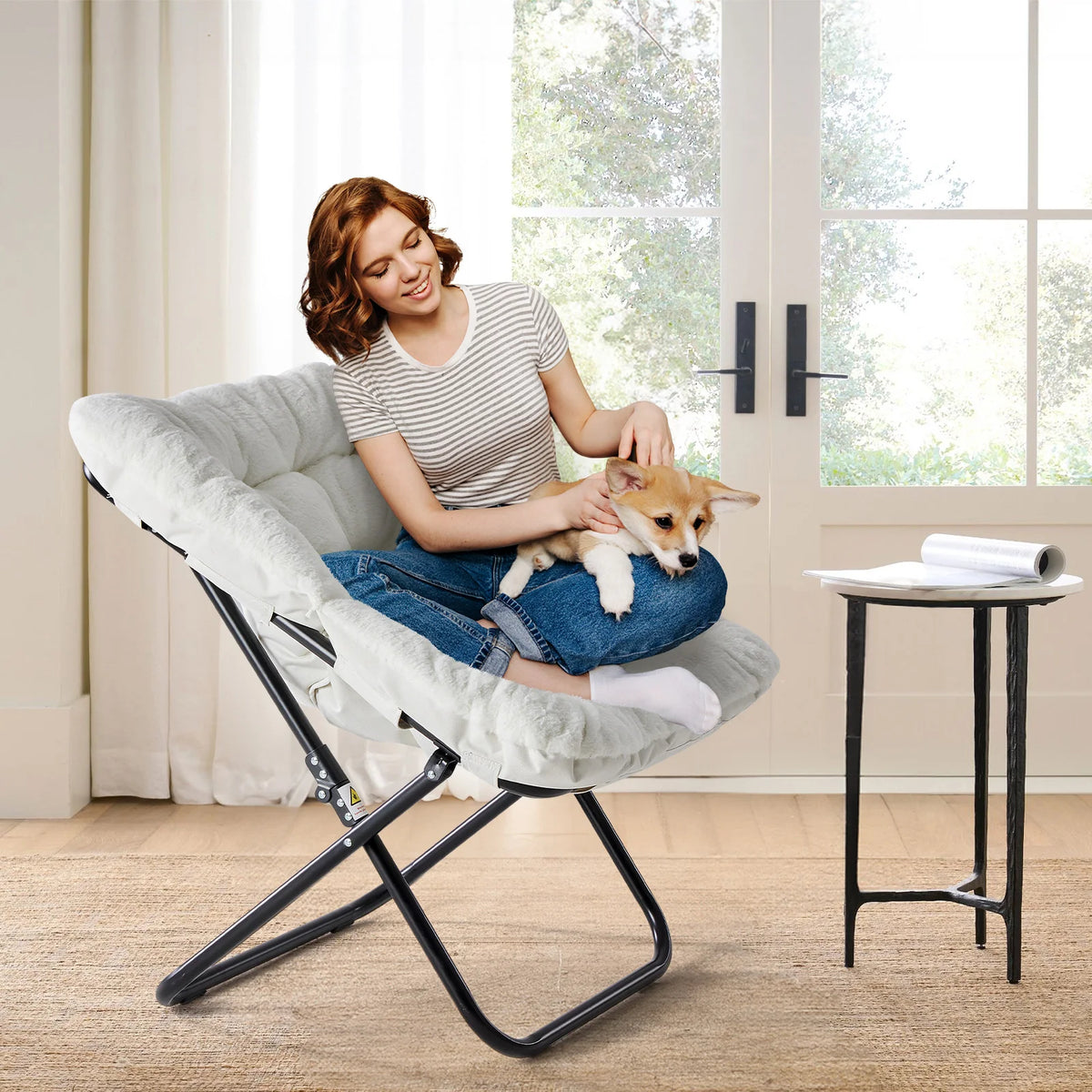 JHK Cozy Faux Fur Folding Saucer Chair With Padded Seat