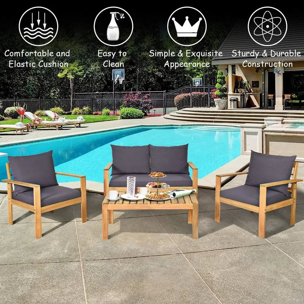 Outdoor Acacia Wood Sofa Set With Table And Cushions