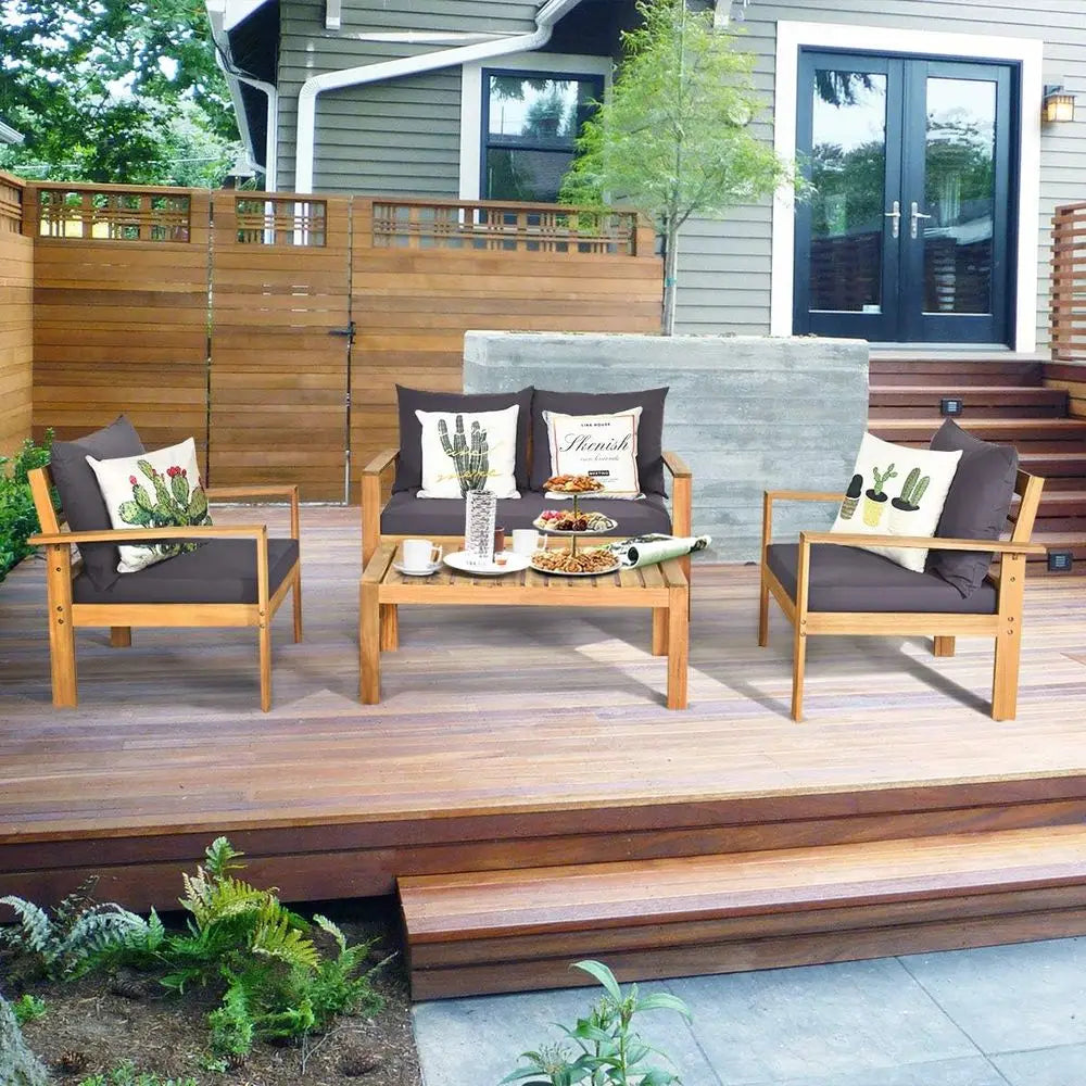 Outdoor Acacia Wood Sofa Set With Table And Cushions