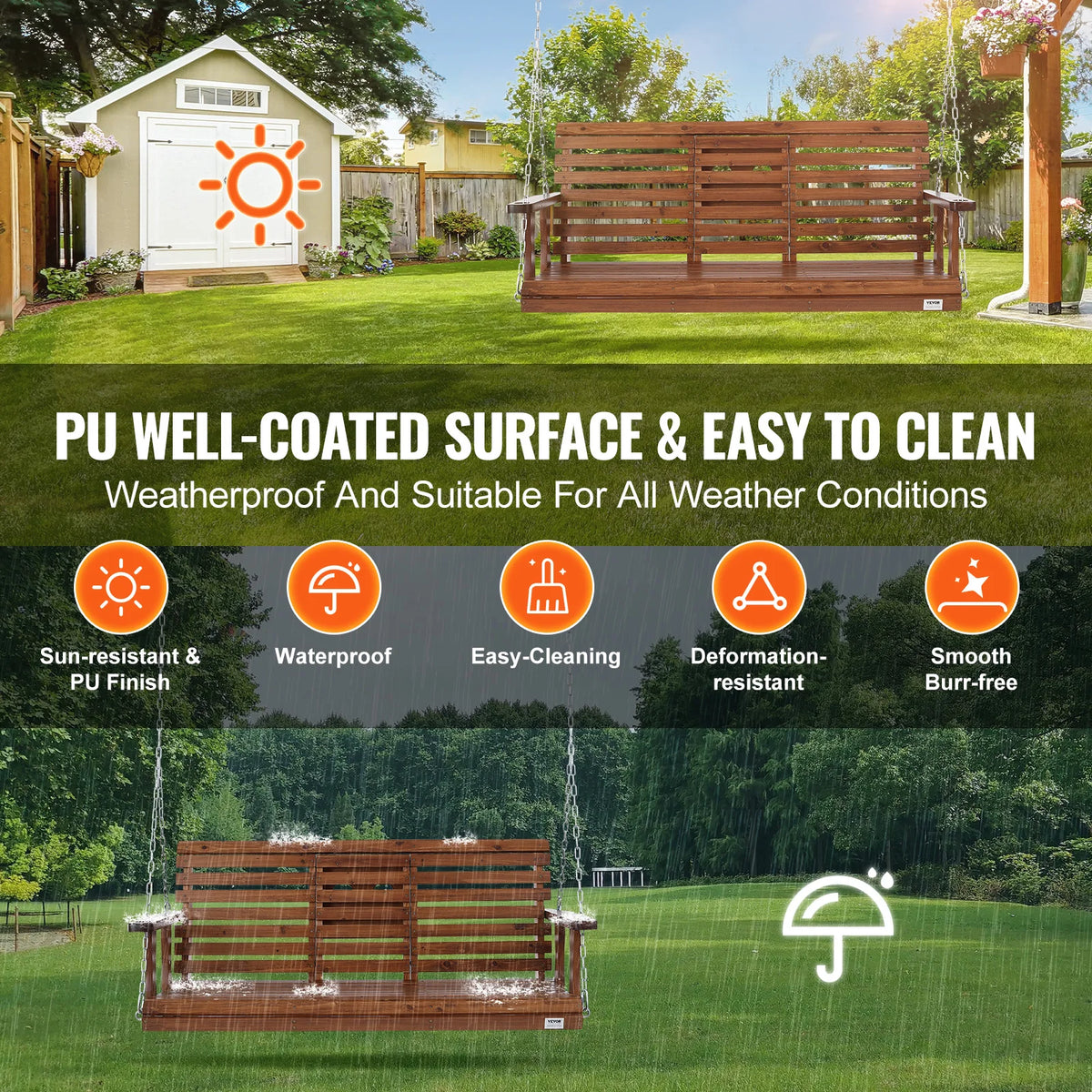 SucceBuy Cedar Wood Porch Swing Bench with Steel Chains