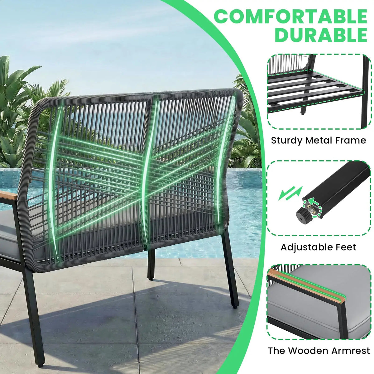 Modern Rattan Patio Loveseat With Metal Frame And Cushions