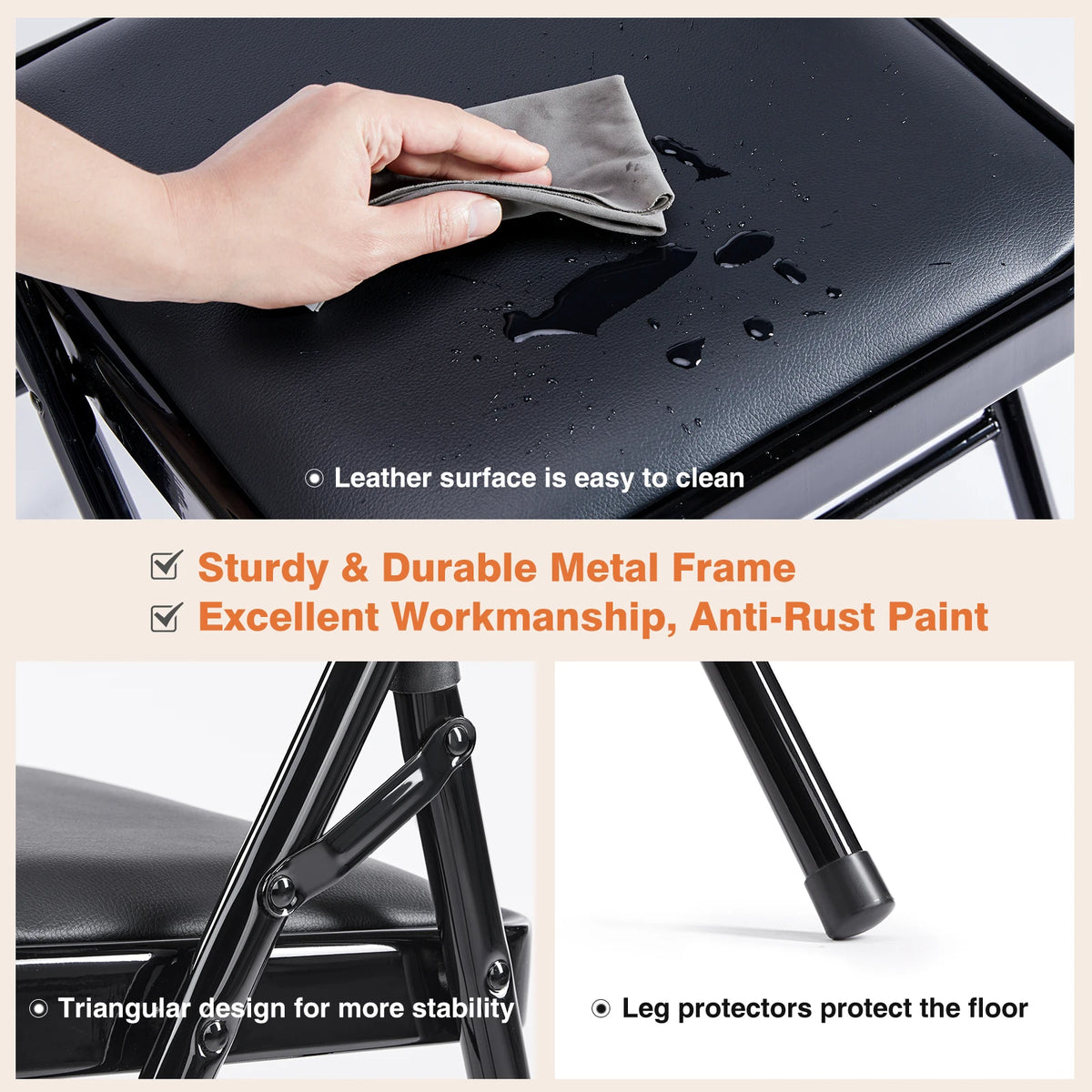 JHK Faux Leather Padded Folding Chairs With Sturdy Metal Frame
