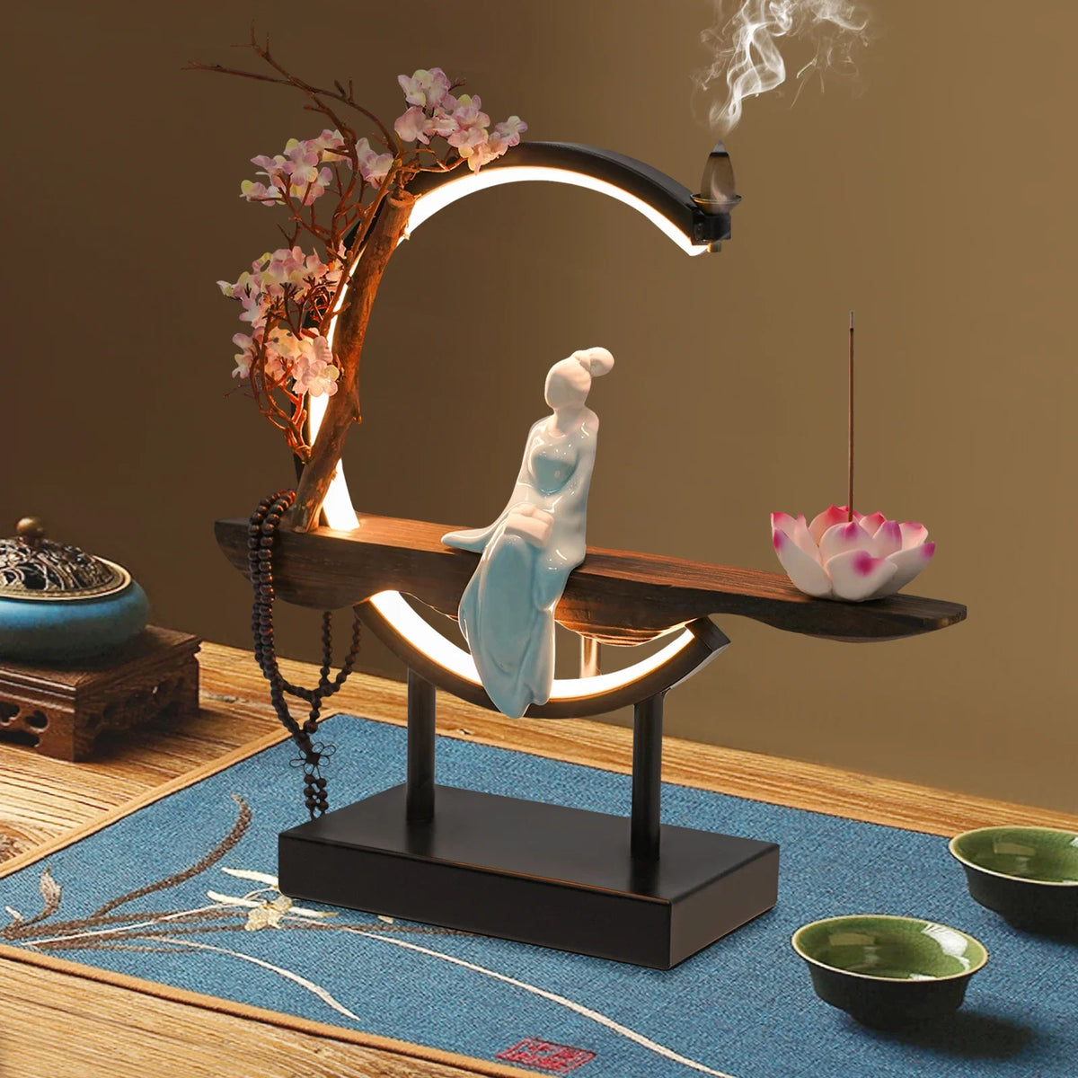 Backflow Incense Holder With Lotus Insert And One Touch Control