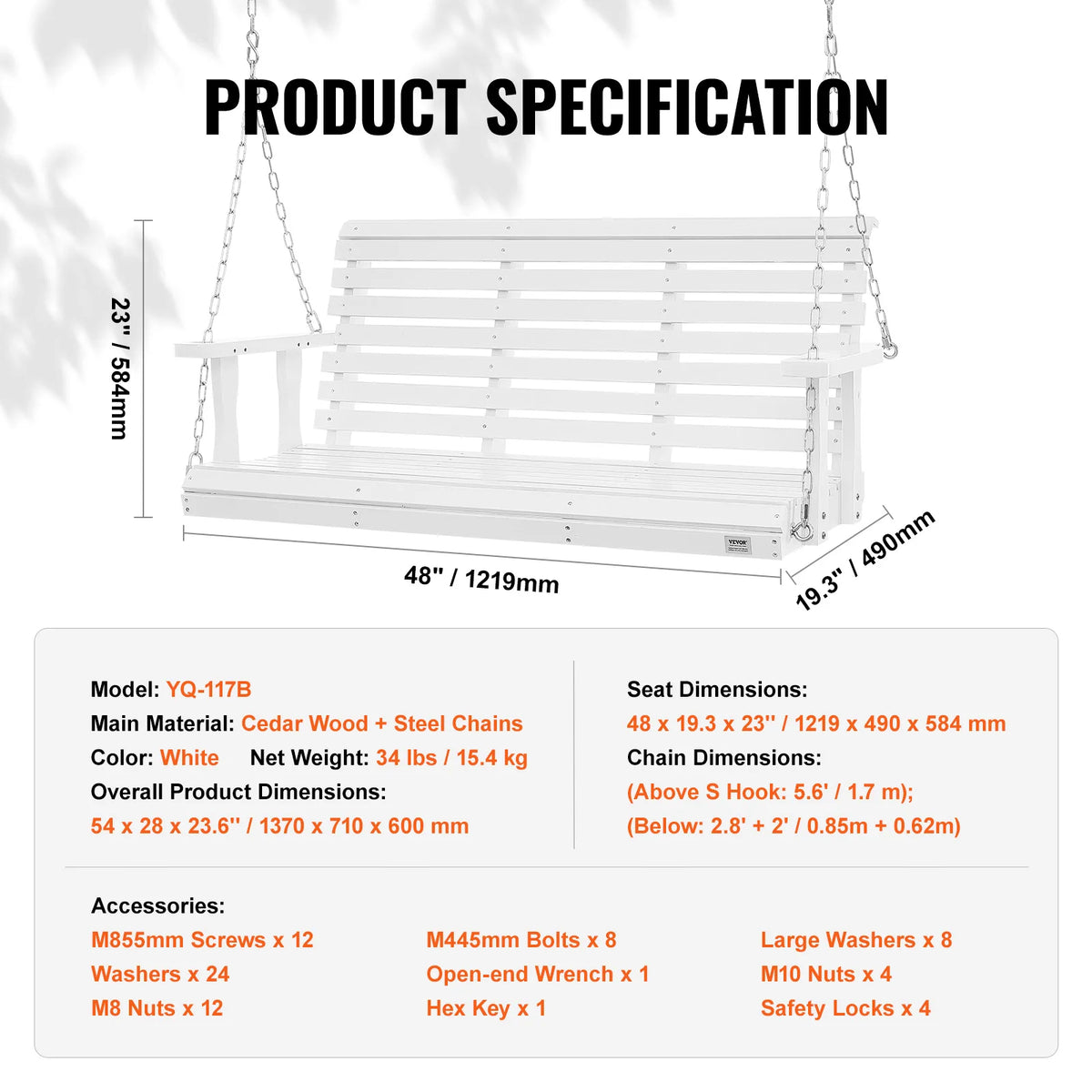 SucceBuy Cedar Wood Porch Swing Bench with Steel Chains