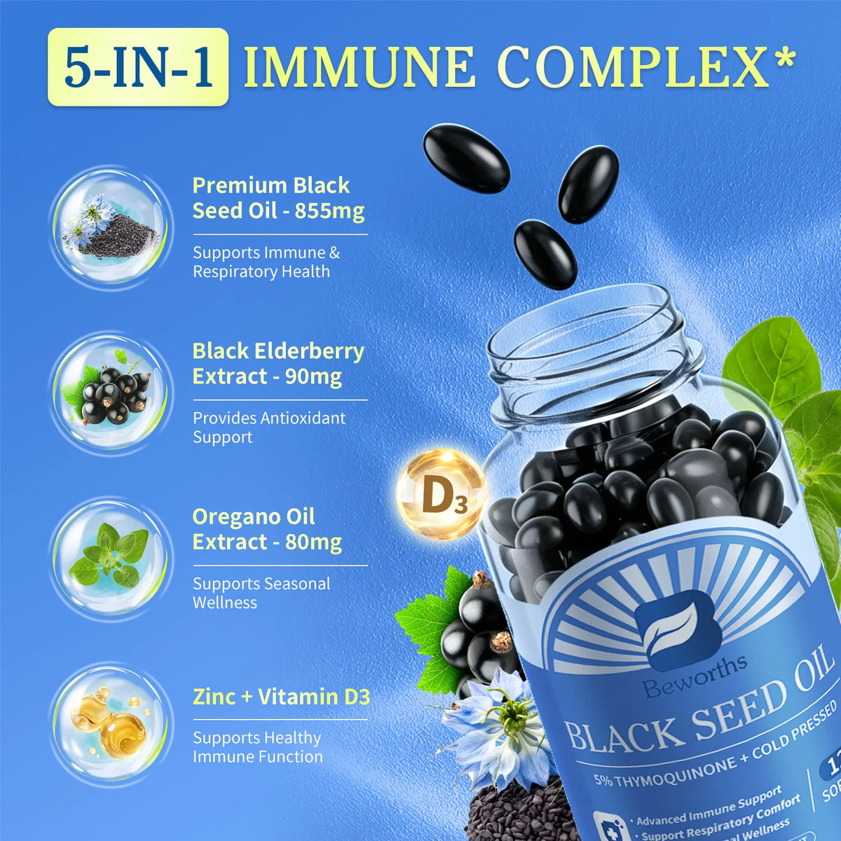 Beworths Black Seed Oil Capsules With Elderberry And Vitamin D3