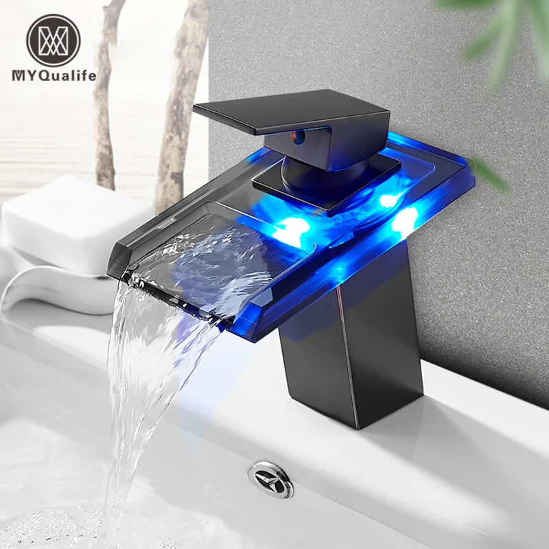 MYQualife LED Waterfall Basin Faucet Deck Mounted Sink Mixer