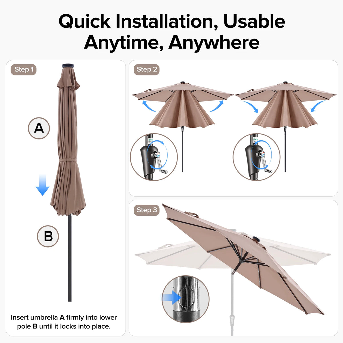 JHK Solar Patio Umbrella Featuring LED Lighting And Tilt Crank