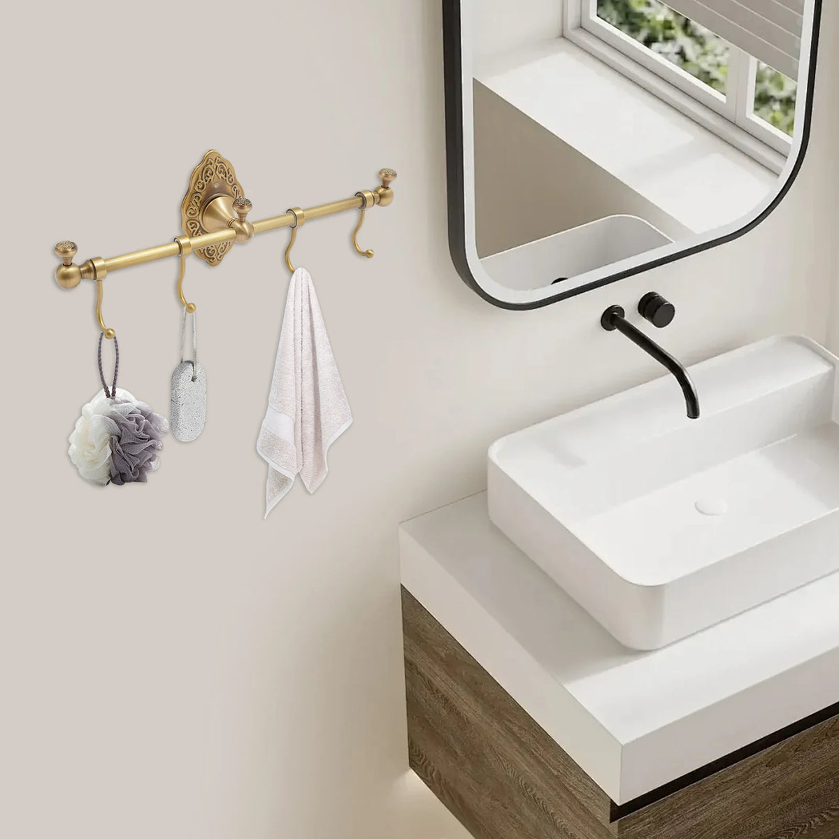 Wall Mounted Brass Towel Rack With Multiple Storage Hooks