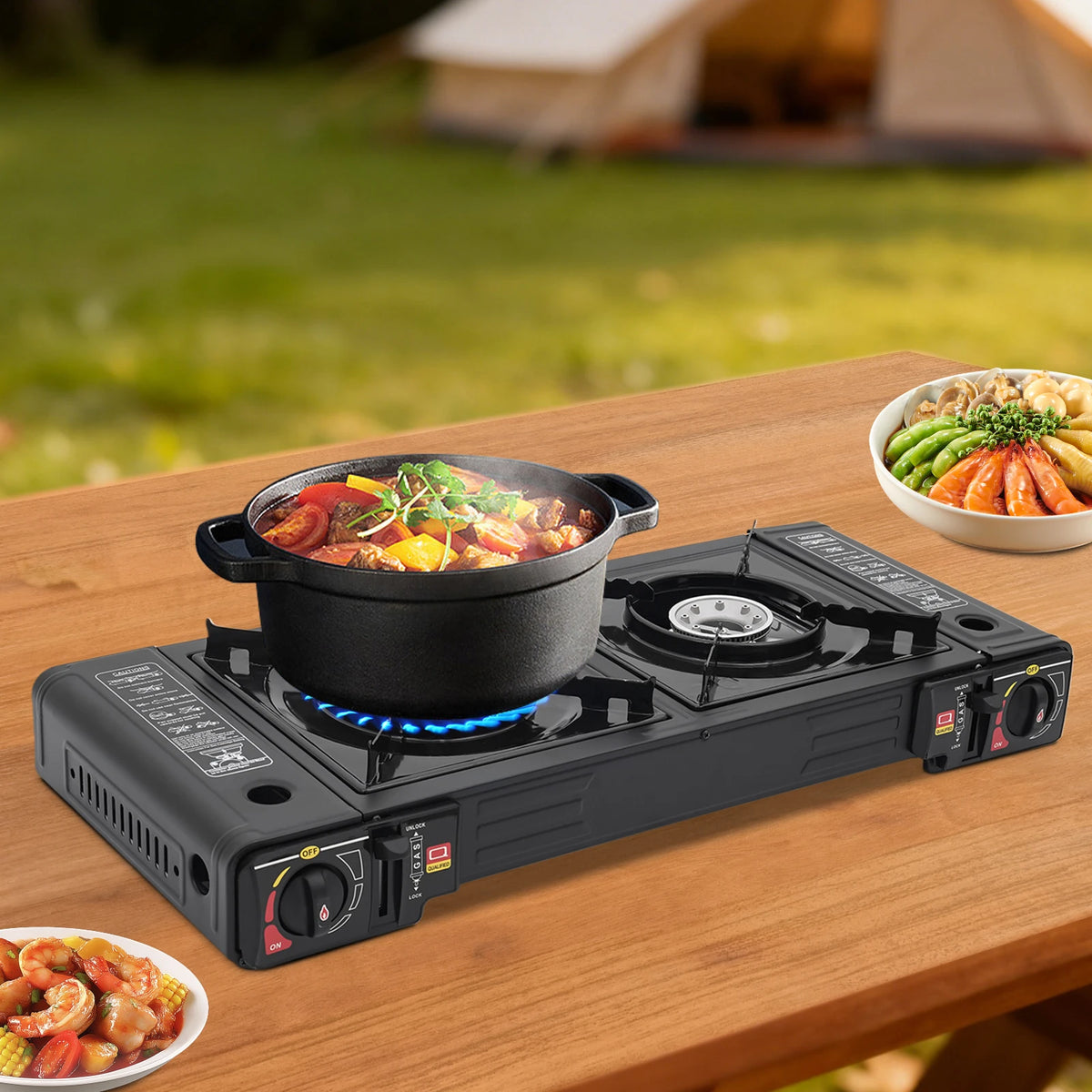 Portable Two Burner Gas Stove With Piezo Ignition For Camping