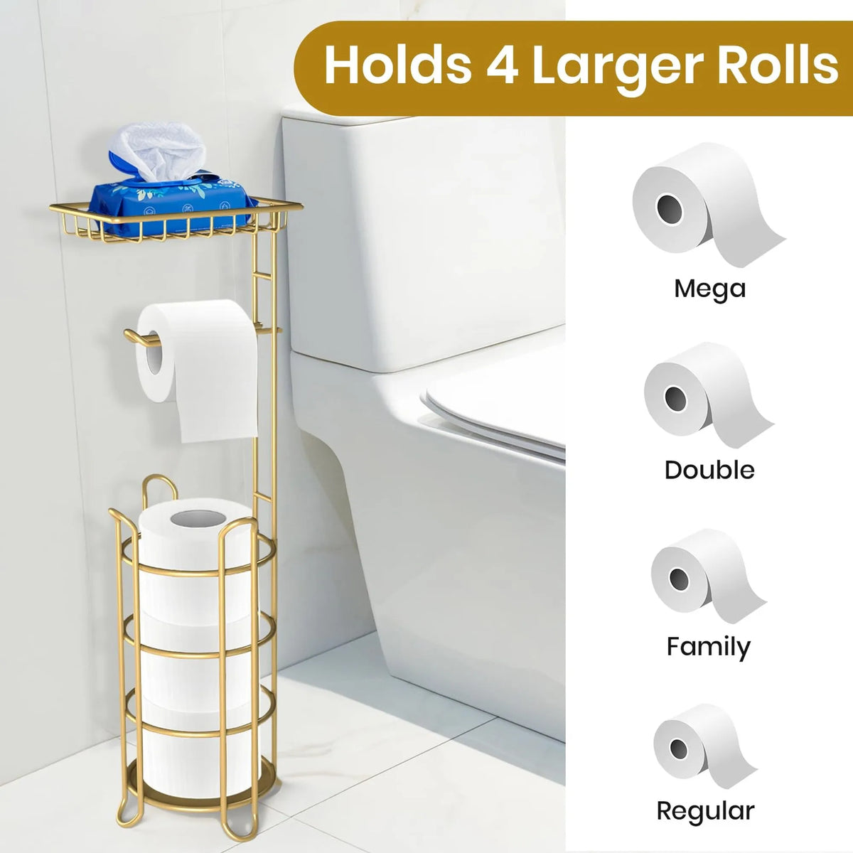 Freestanding Iron Bathroom Tissue Holder Stand With Storage Shelf