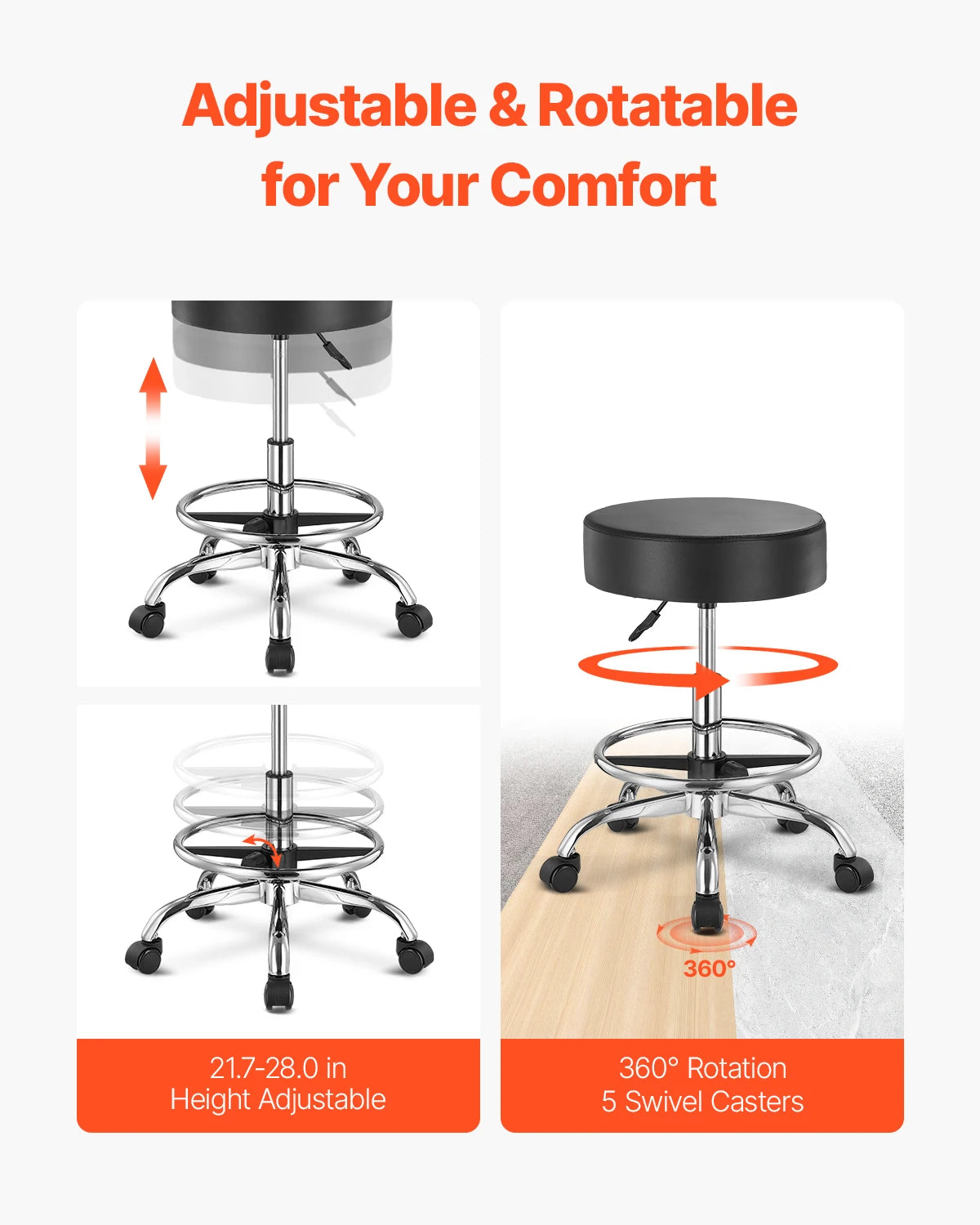 SucceBuy Adjustable Height Rolling Stool With Wheels For Salon