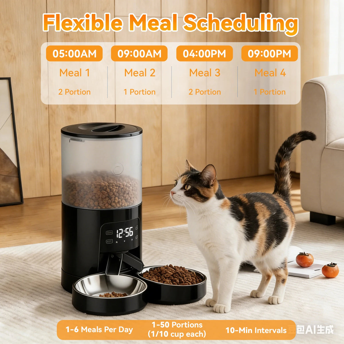 Automatic Cat Feeder With Stainless Bowls Timed Dual Power Supply