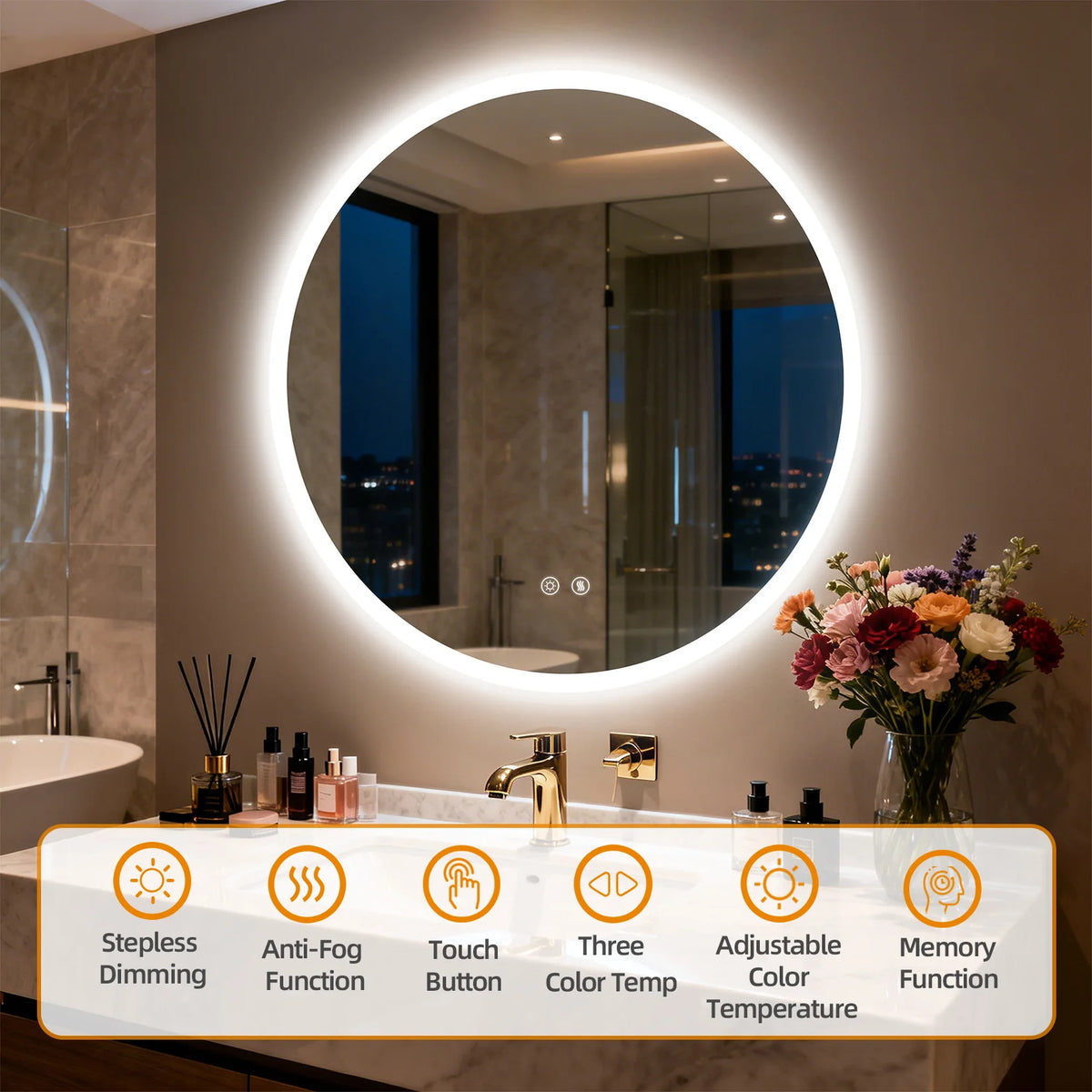 dimmable round LED bathroom mirror