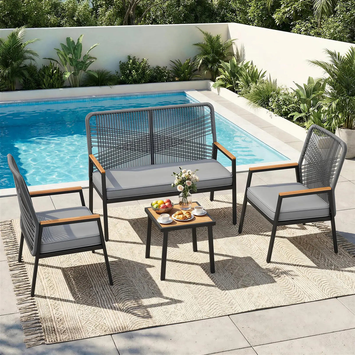 Modern Rattan Patio Loveseat With Metal Frame And Cushions