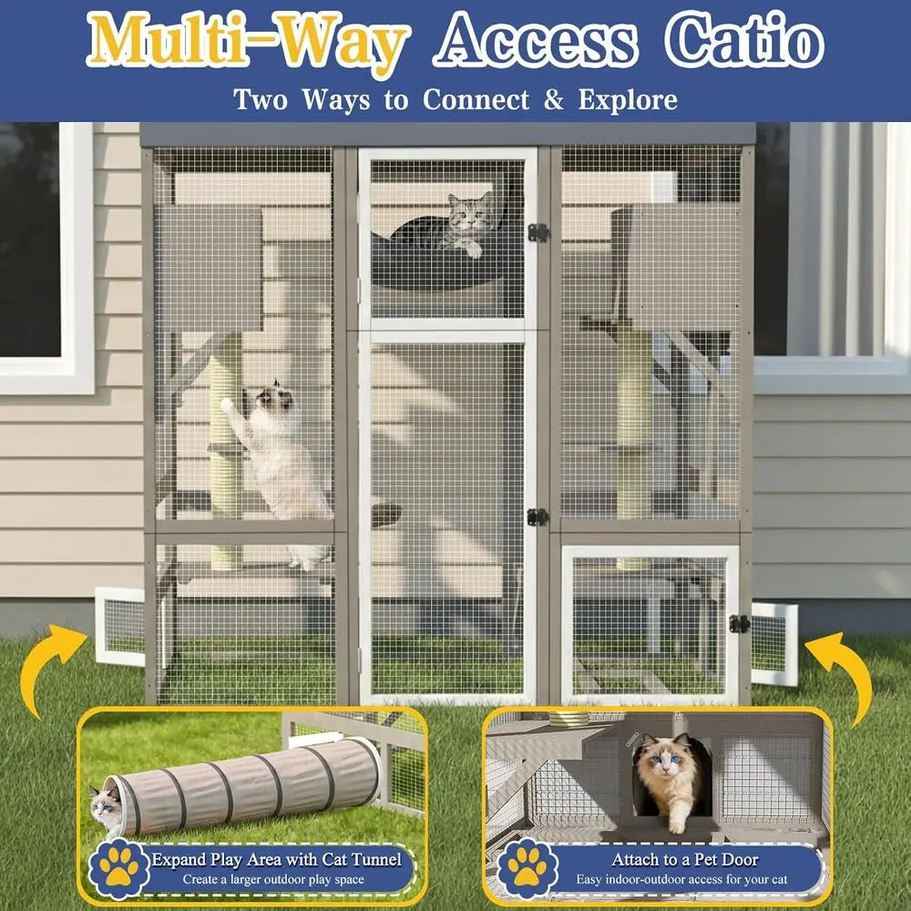 Outdoor Catio With Seven Platforms Dual Scratch Posts And Hammock