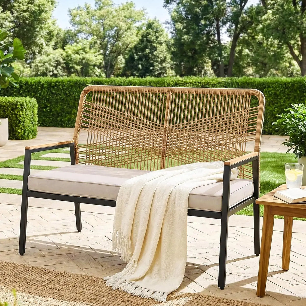 Modern Rattan Patio Loveseat With Metal Frame And Cushions