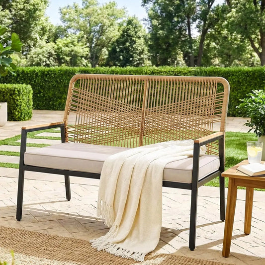Modern Rattan Patio Loveseat With Metal Frame And Cushions