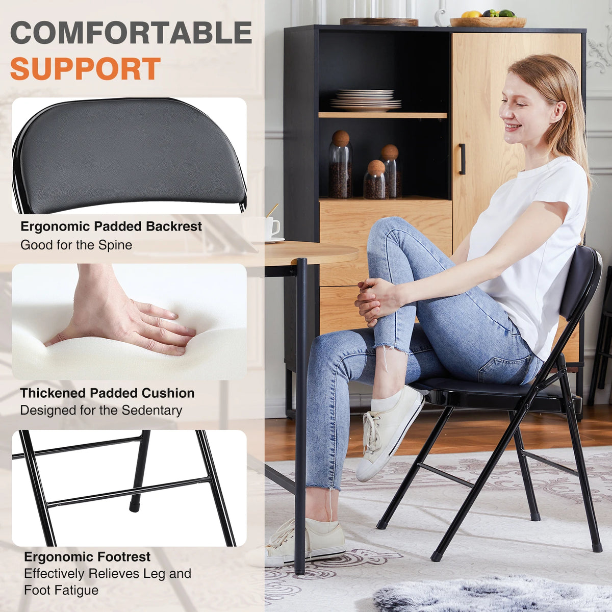 JHK Faux Leather Padded Folding Chairs With Sturdy Metal Frame