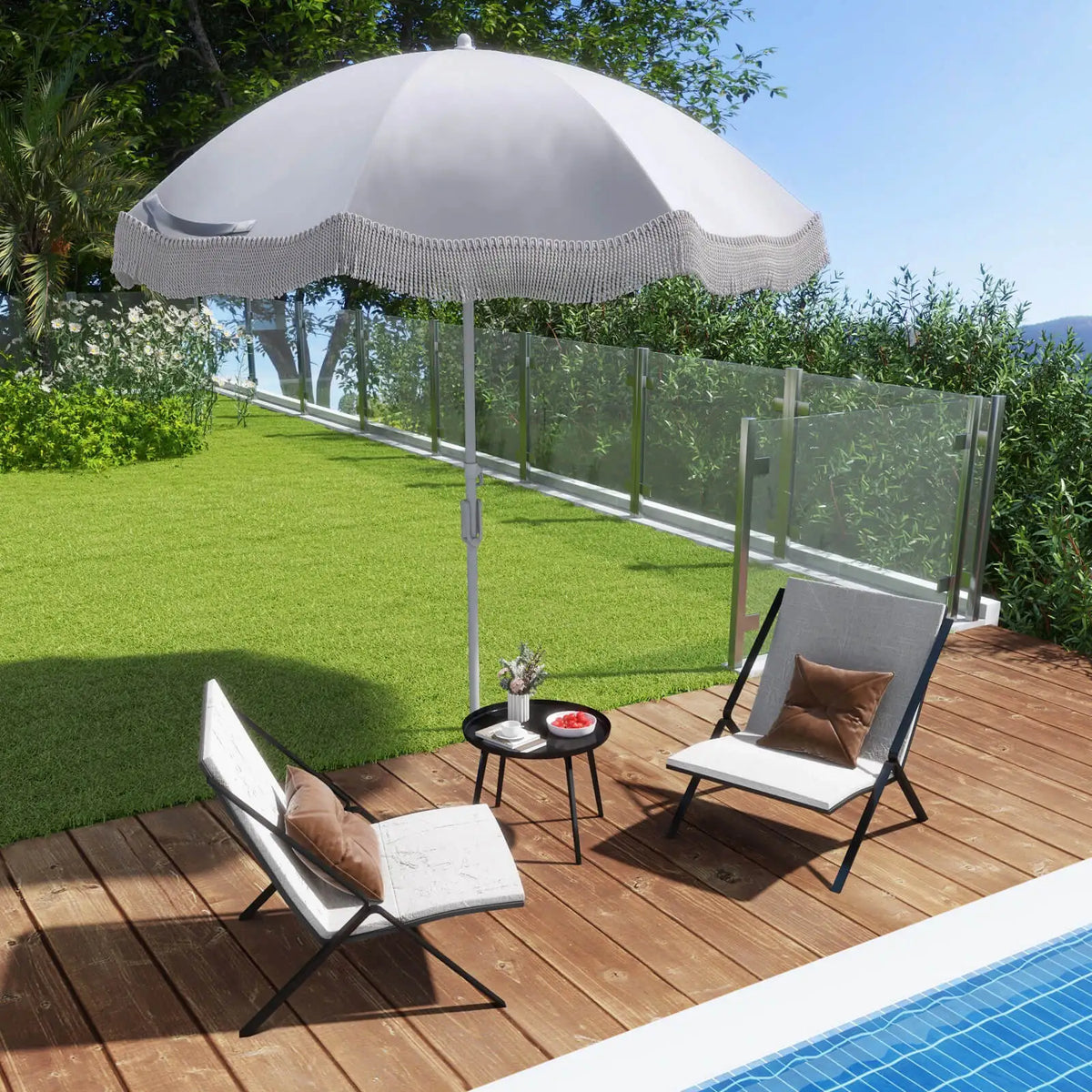 Homasis Fringe Patio Umbrella With Push Button Tilt For Outdoors