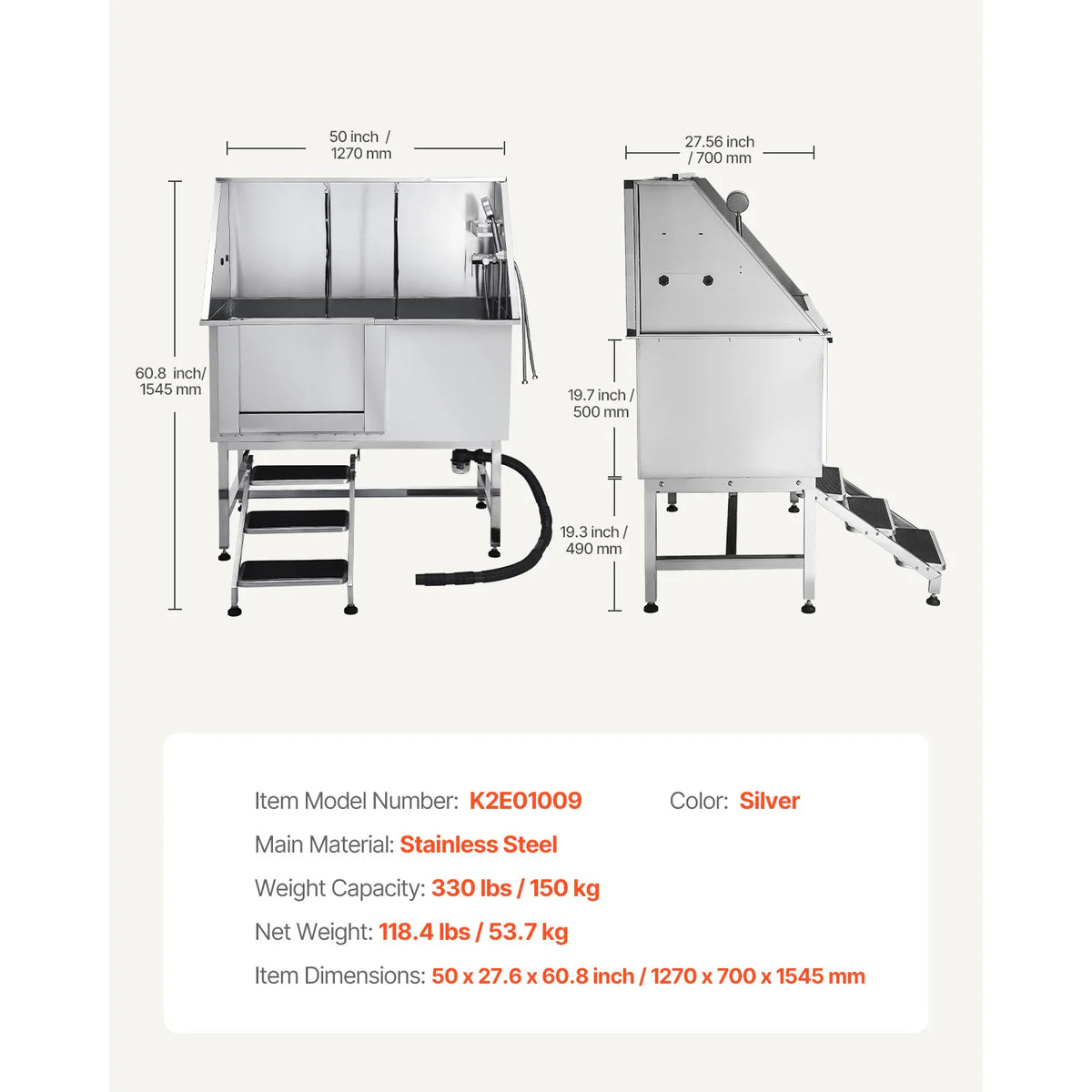 Stainless Steel Dog Washing Station With Ramp And Showerhead