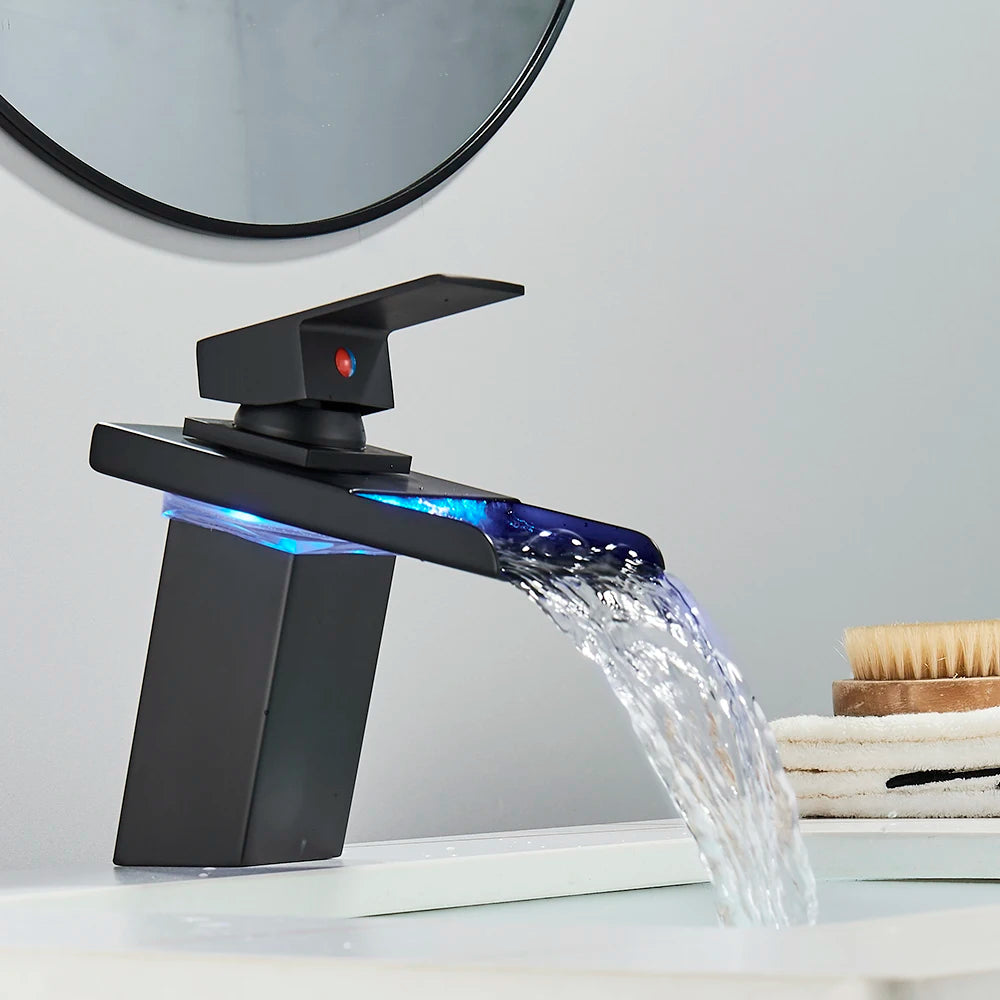 MYQualife LED Waterfall Basin Faucet Deck Mounted Sink Mixer