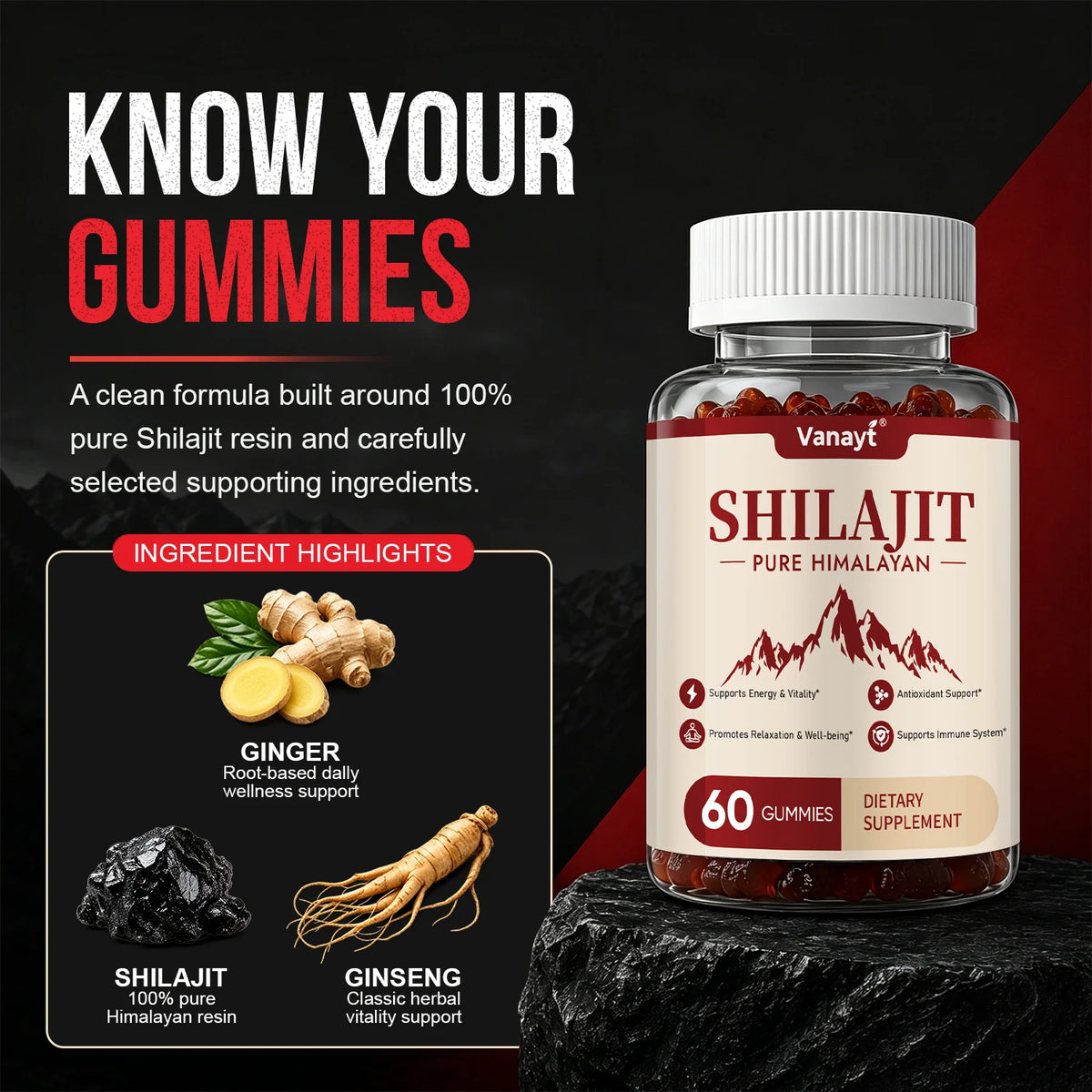 Vanayt Pure Himalayan Shilajit Gummies With Ashwagandha Ginger Supplement