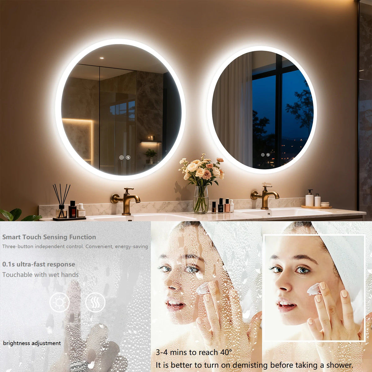 dimmable round LED bathroom mirror