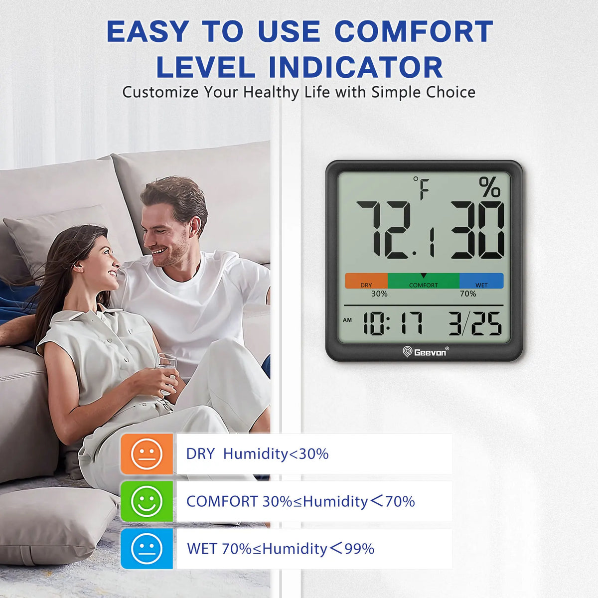Geevon Digital Indoor Thermometer Hygrometer With Clock And Humidity Monitor