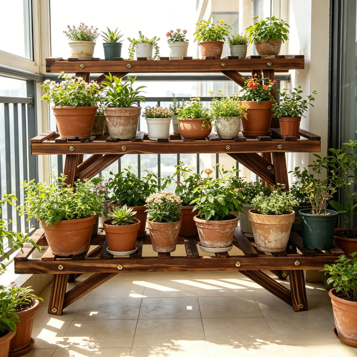 Wooden Three Tier Ladder Plant Stand For Garden Display Rack