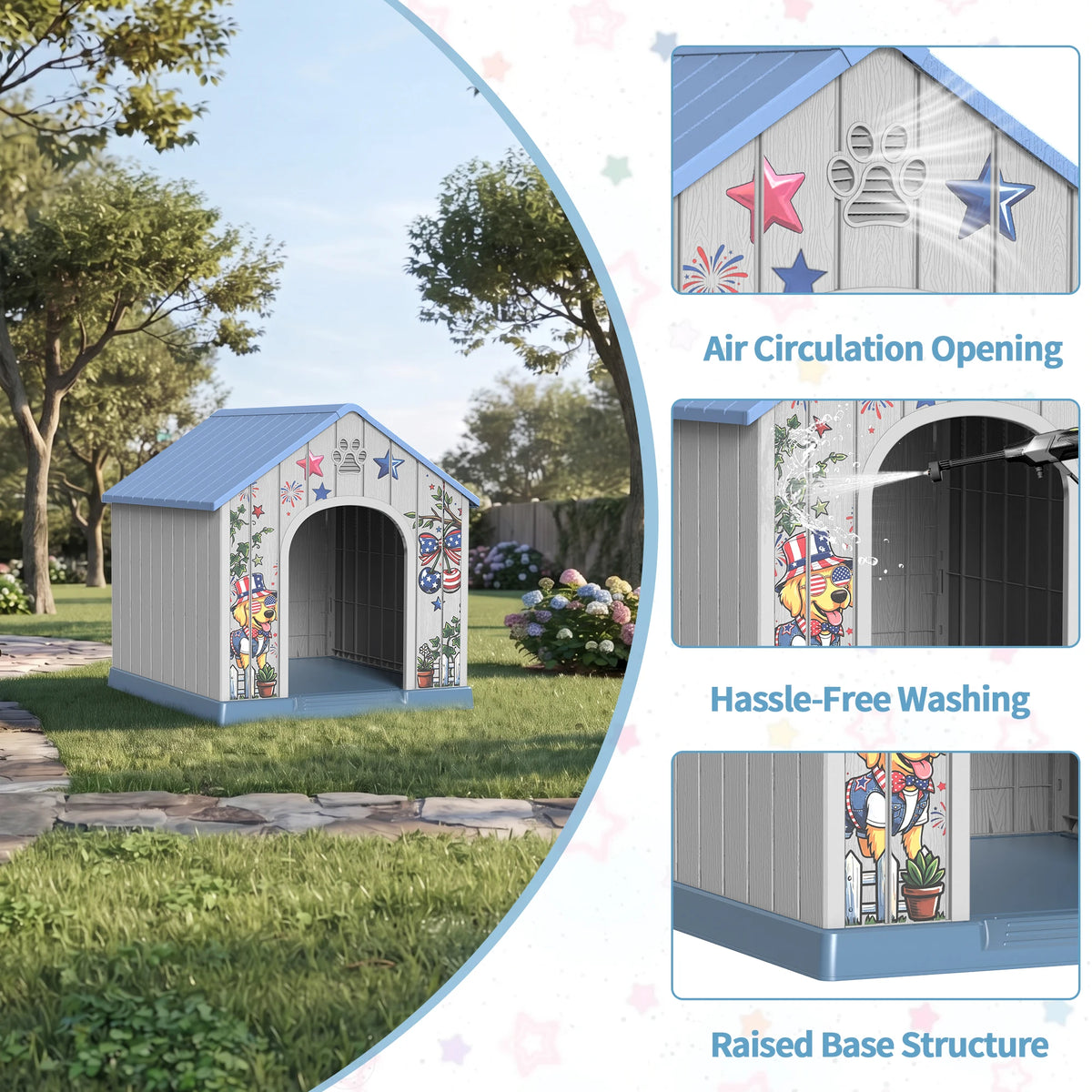 Outdoor Plastic Dog House Weatherproof Pet Shelter With Printed Door
