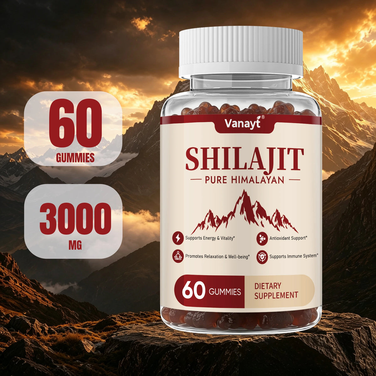 Vanayt Pure Himalayan Shilajit Gummies With Ashwagandha Ginger Supplement