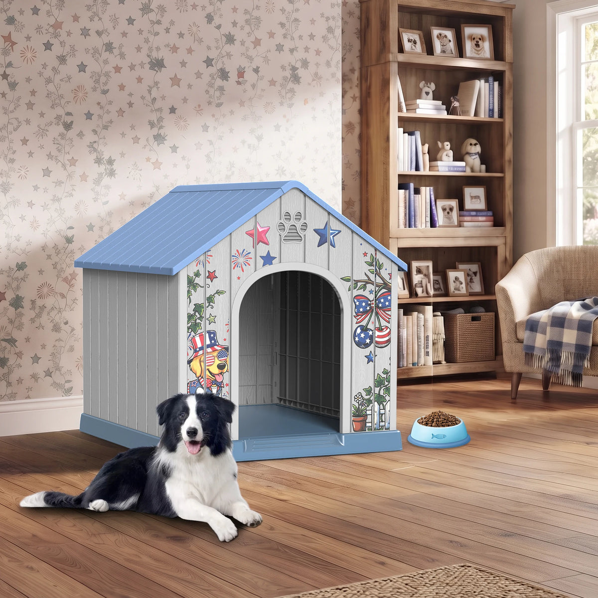 Outdoor Plastic Dog House Weatherproof Pet Shelter With Printed Door
