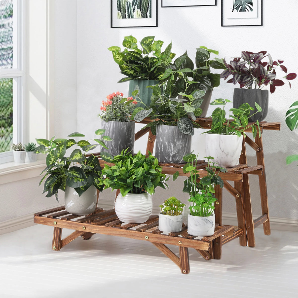 Wooden Three Tier Ladder Plant Stand For Garden Display Rack