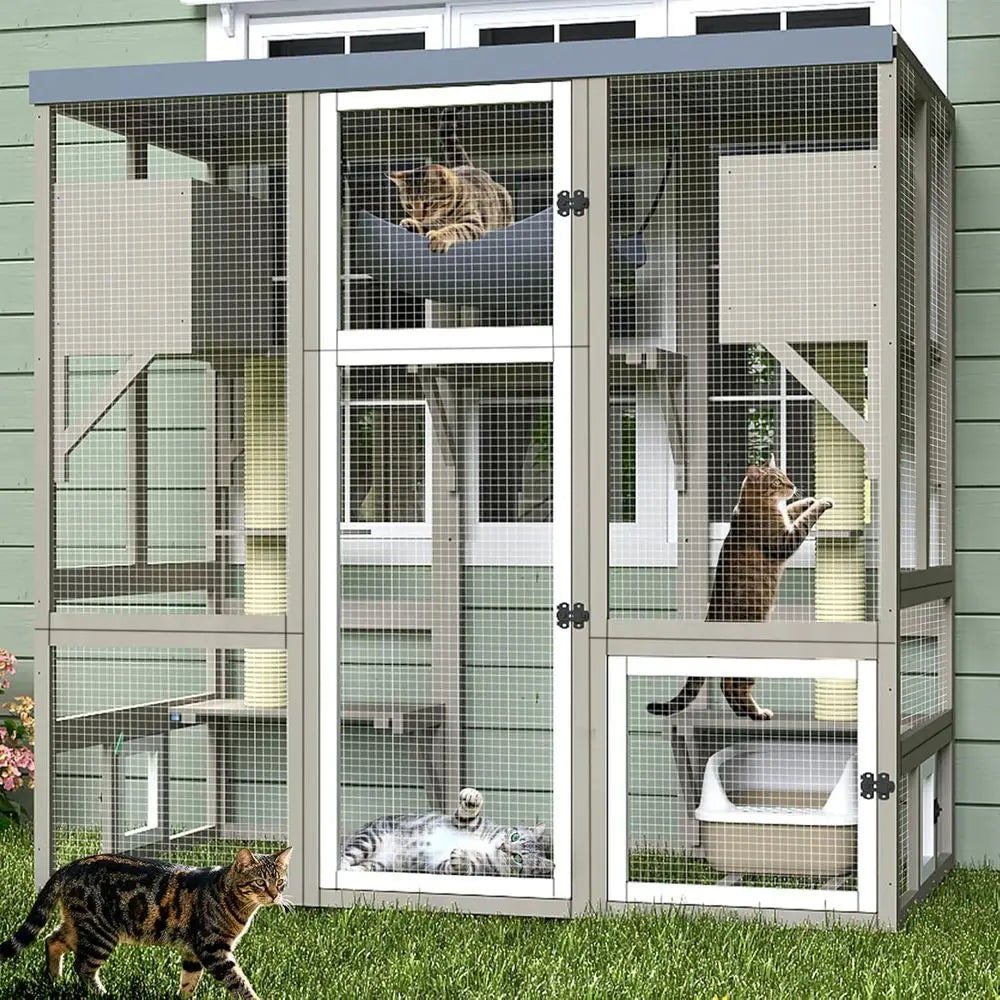 Outdoor Catio With Seven Platforms Dual Scratch Posts And Hammock