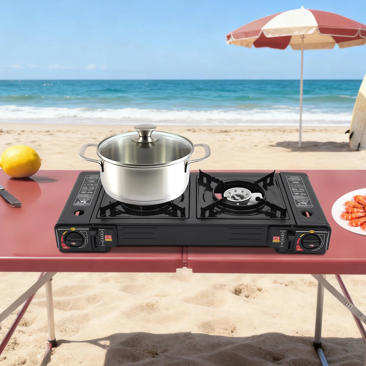 Portable Two Burner Gas Stove With Piezo Ignition For Camping