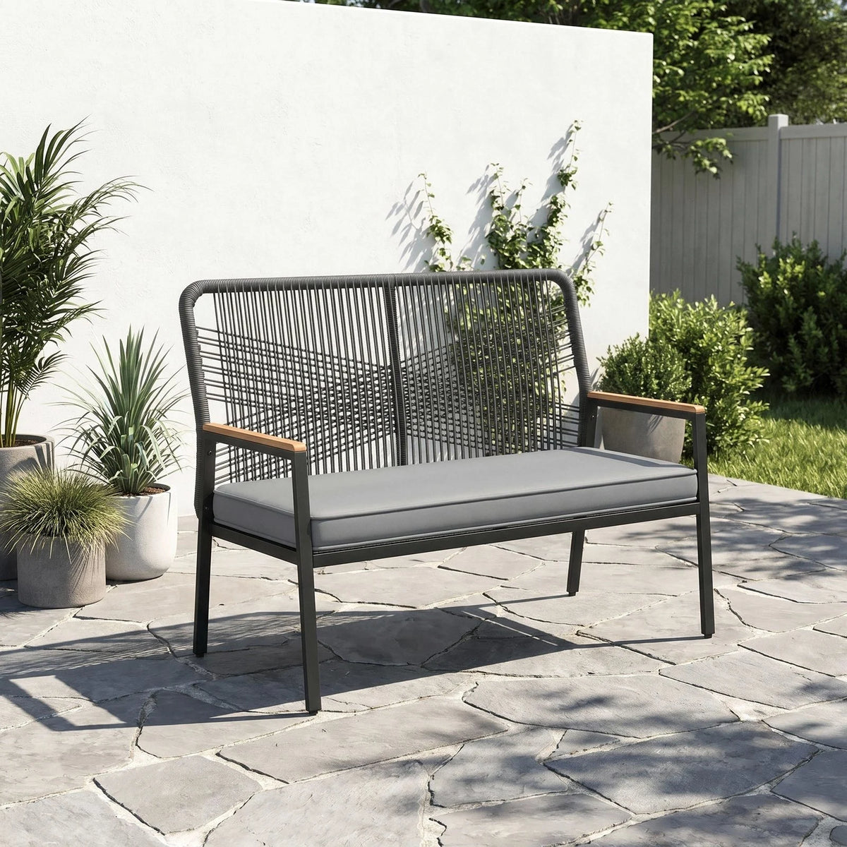 Modern Rattan Patio Loveseat With Metal Frame And Cushions